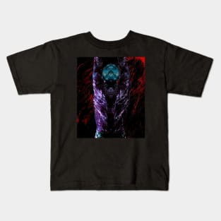 Portrait, digital collage and special processing. Men's back. Mystic. Energy waves. Red and violet. Emboss. Kids T-Shirt
